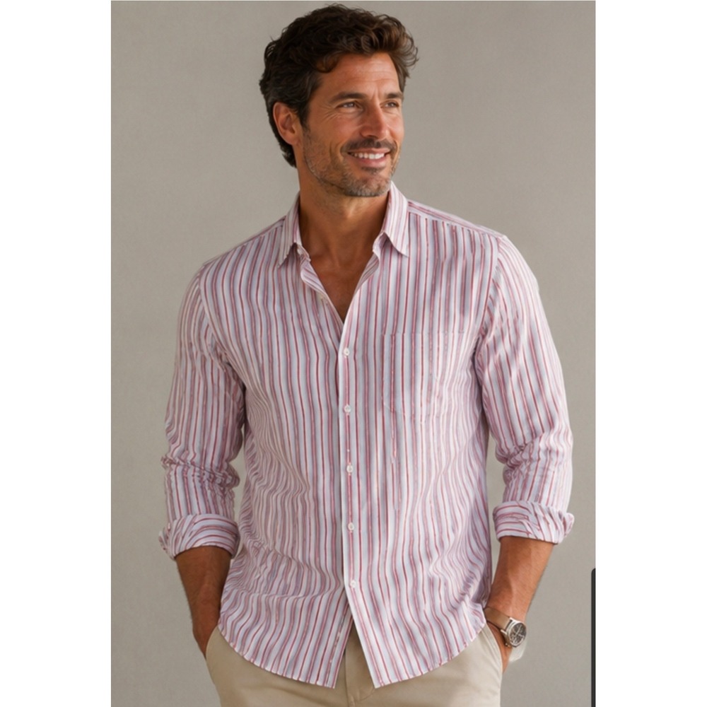 Hawes & Curtis Dress Shirt Mens 15.5 Pink White Striped Long Sleeve Collared